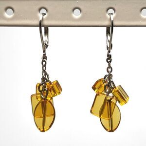 Boho Yellow Glass Gem Lever Back Earrings Dangle Chain Silver Tone Retro Pierced